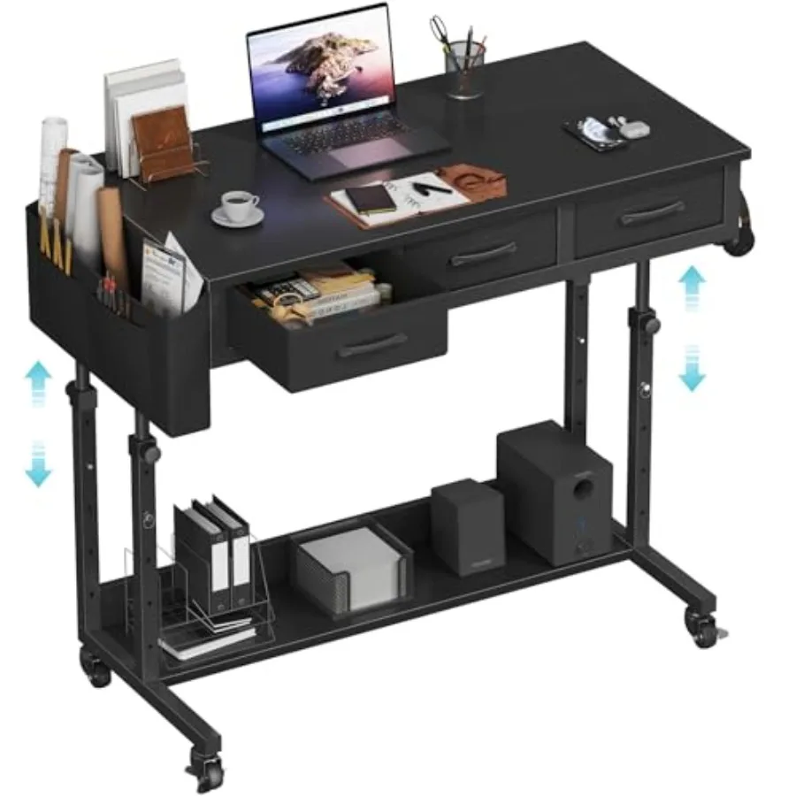 

Classroom and home office rolling standing desk: black steel adjustable-height mobile table with drawers, 40-inch portable lapt