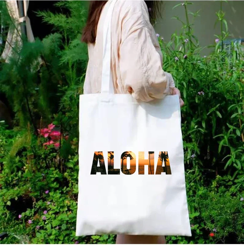 Aloha Tote Bag Cartoon Seaside Shopping Bags Palm Trees Tote Bags Swimming Women Reusable Bag Letter