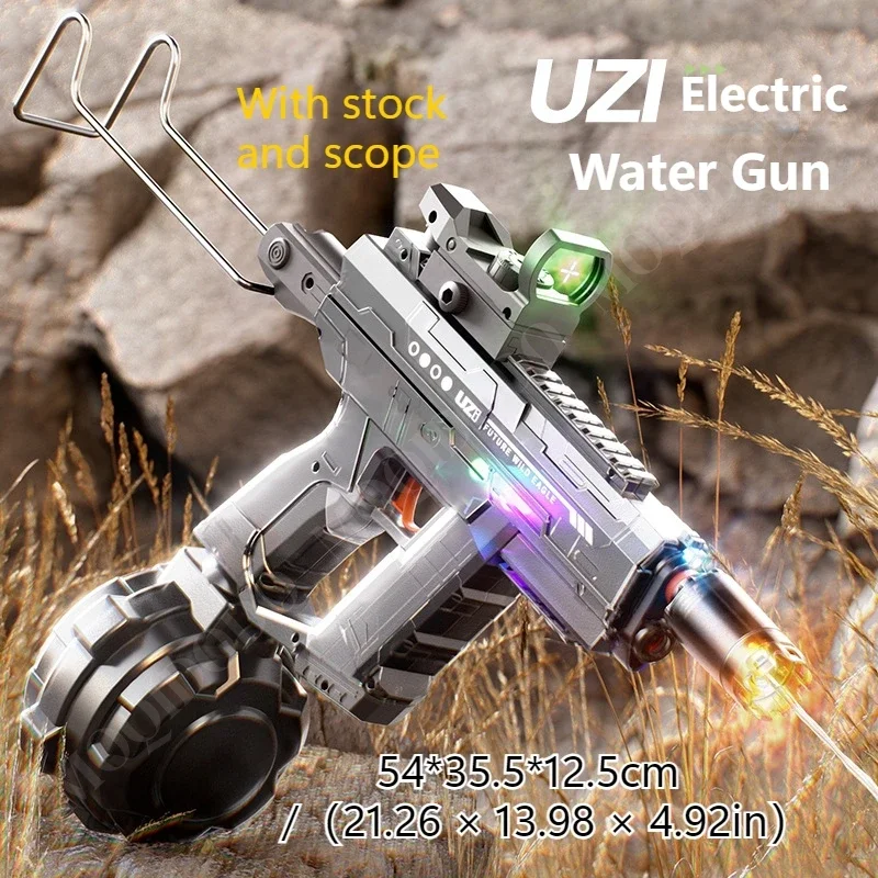 ปืนฉีดน้ำไฟฟ้า UZI Rapid Fire พร้อมไฟ LED  แบบอัตโนมัติ ของเล่นปืนฉีดน้ำสำหรับเด็กผู้ชาย เล่นสนุกกลางแจ้งและชายหาด
