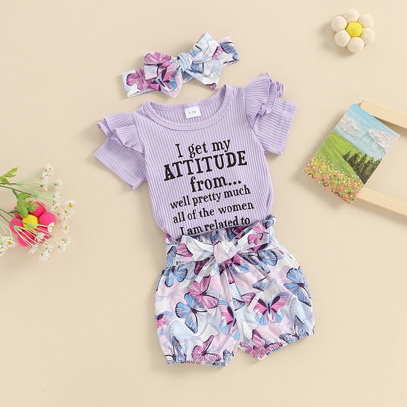 

Baby Girl Summer Outfit Letter Print Ruffle Short Sleeve Romper Butterfly Shorts with Headband 3Pcs Set