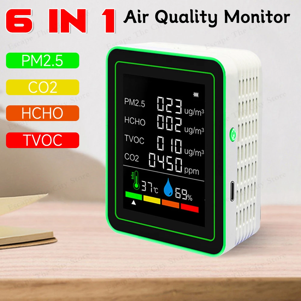 New 6 In 1 Air Quality Monitor Humidity PM2.5 CO2 HCHO TVOC Temperature Portable Formaldehyde Detector for Office School Car