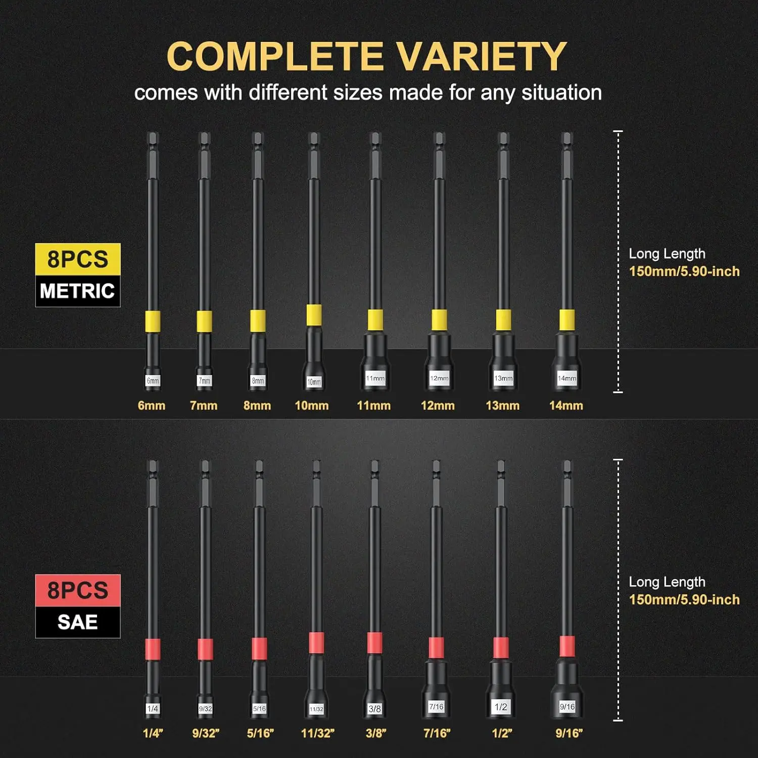 AMTOVL Magnetic Nut Driver Set - 18 Pcs Long Nut Driver Set, Metric & SAE Nut Drivers with Extensions | Impact Adapter