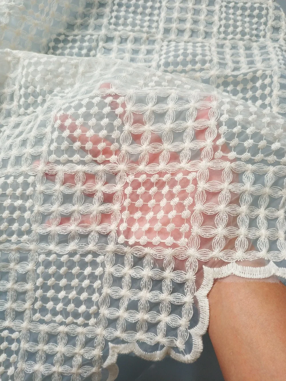 

New off-white diamond floral embroidered lace mesh fabric for wedding dresses, women's children's clothing designer fabrics