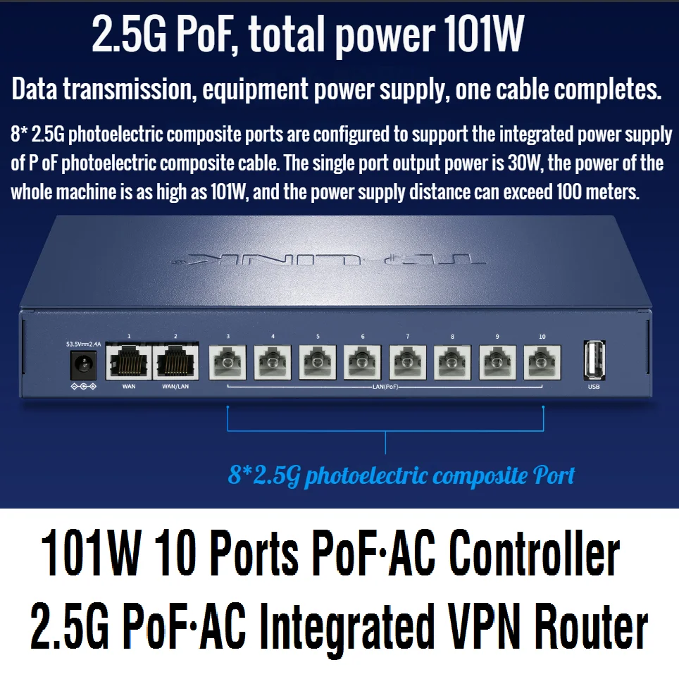 101W 10 Ports PoF·AC Controller 2.5G PoF · AC VPN router 8* 2.5G SFP photoelectric composite port 2* 2.5G RJ45, Chinese Firmware