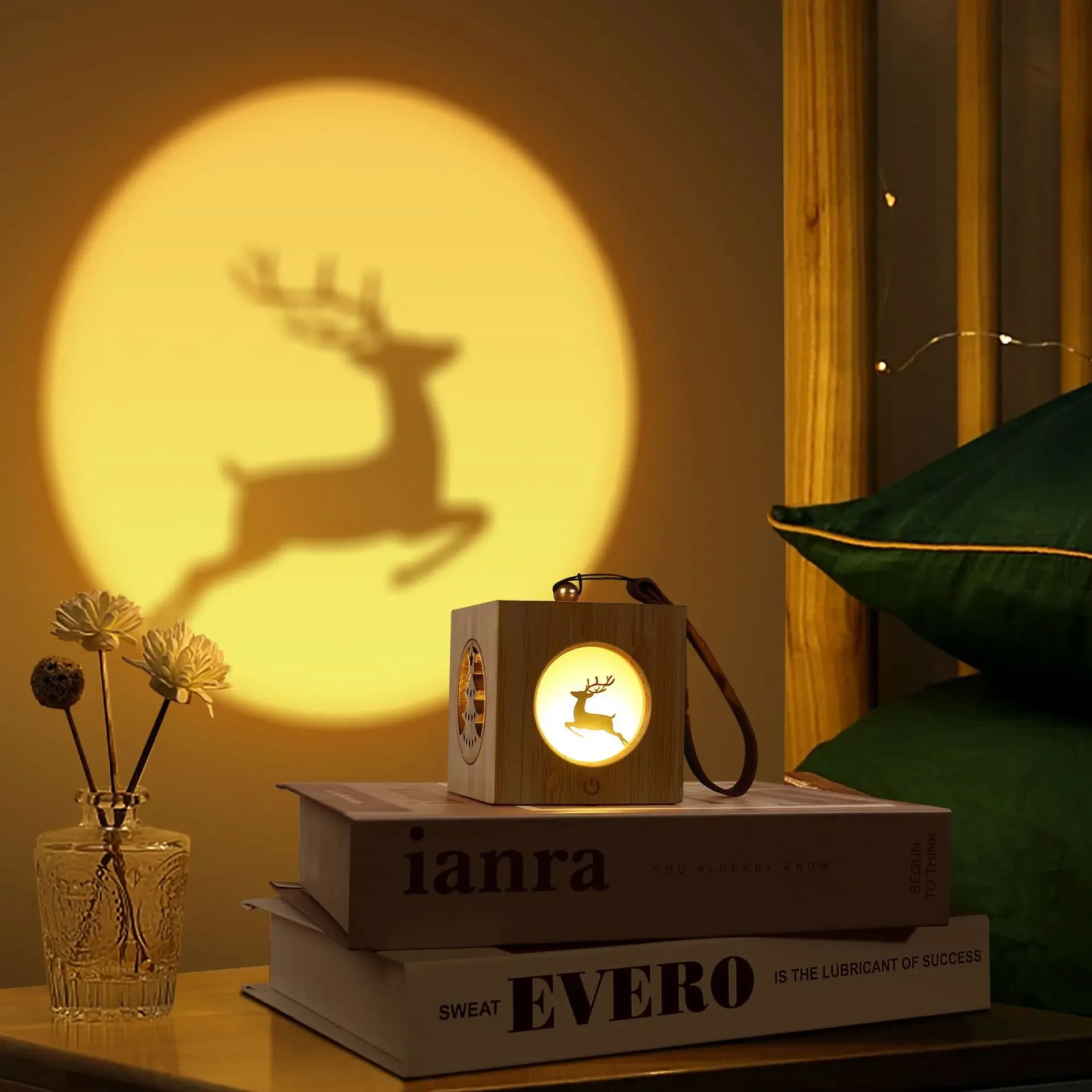 

New Festival Night Light Deer-Shaped Christmas Gift Wooden Projection Ambience Light Rechargeable RGB Colorful Light