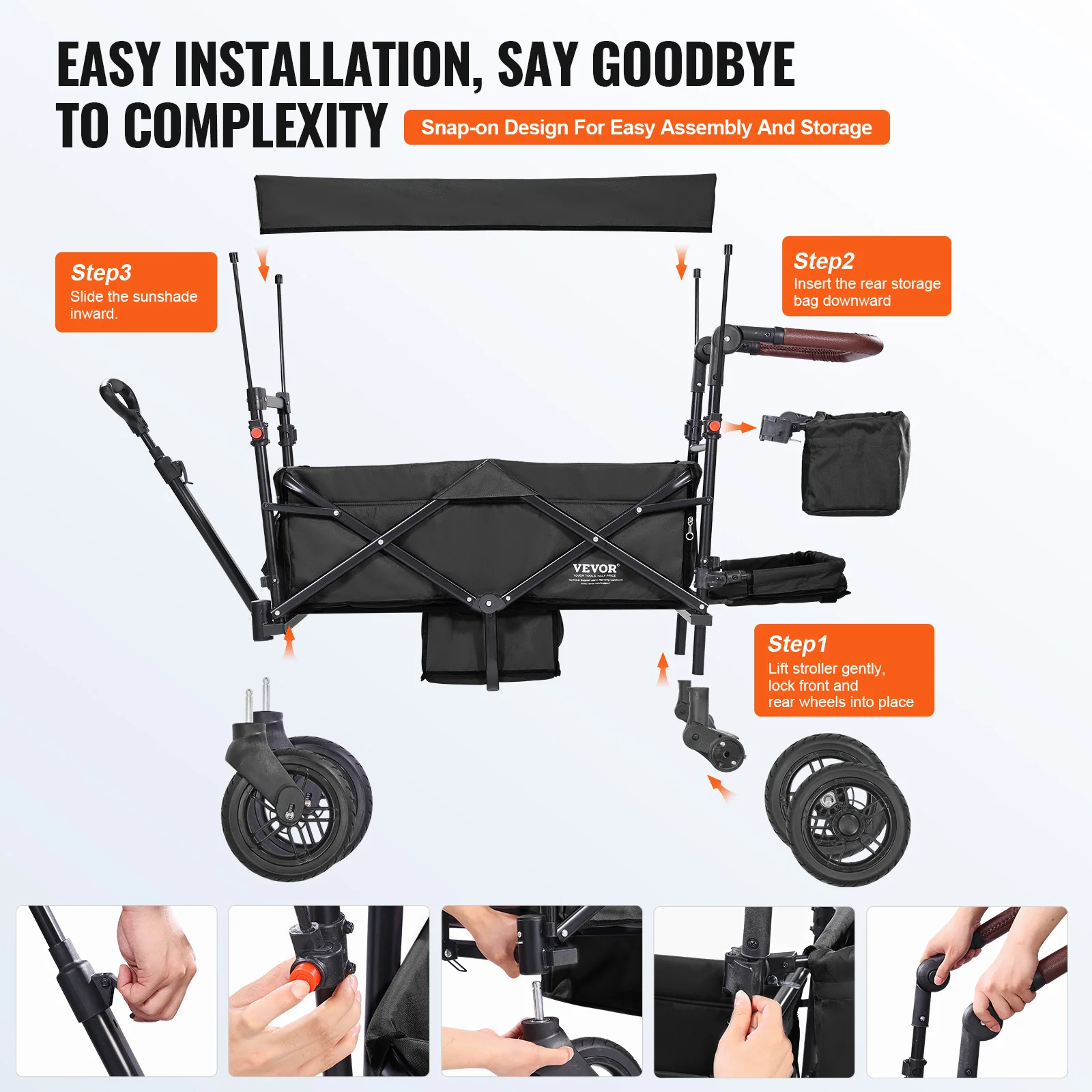 VEVOR Wagon Stroller for 2 Kids Push Pull Quad Collapsible Stroller with Adjustable Handle Encircling Harness Removable Canopy