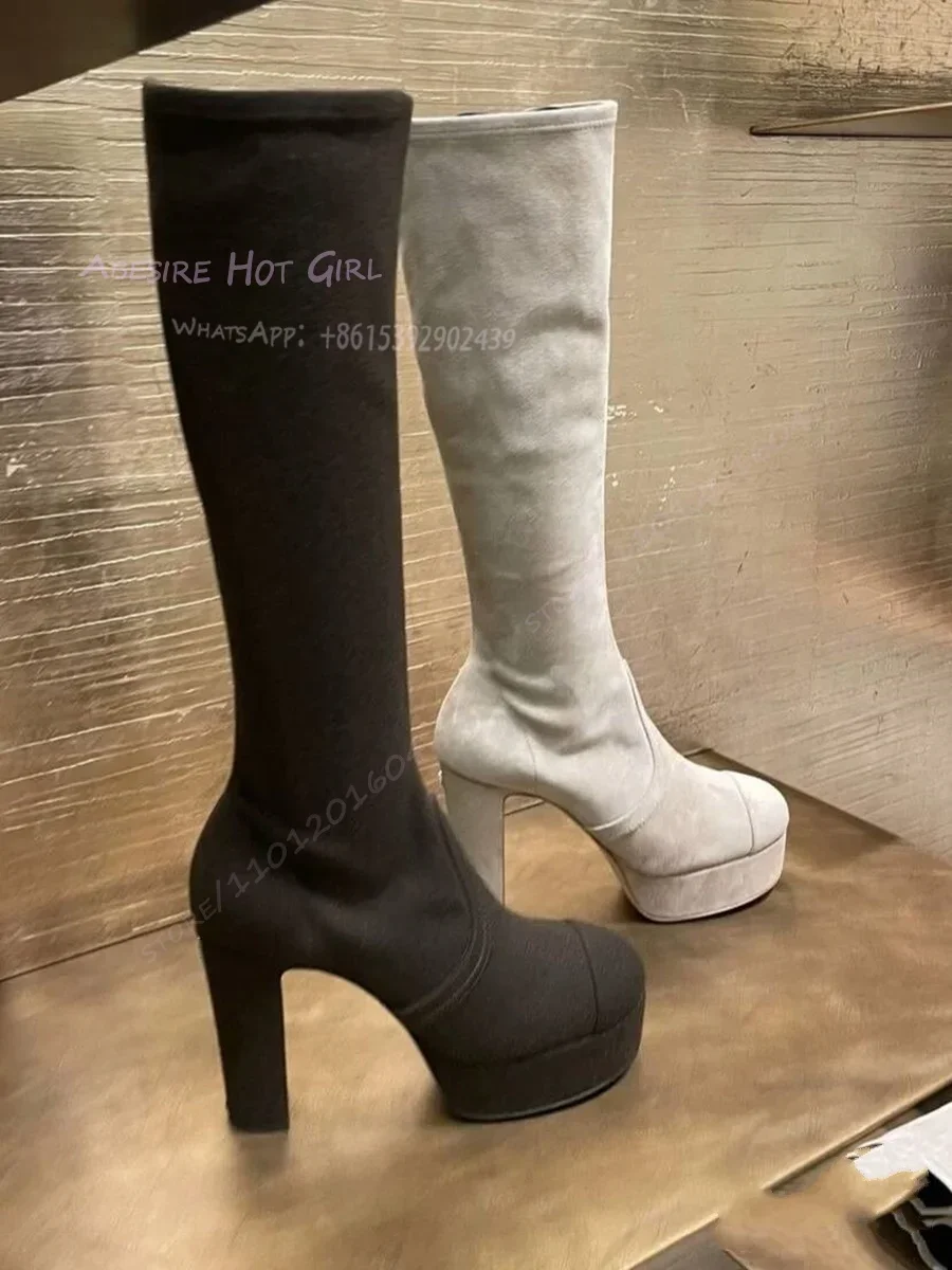 

Black Long Leather Knee-High Platform Boots for Women Straight Leg Grey Suede Round Toe Sides Zipper Chunky Heel Casual Shoes