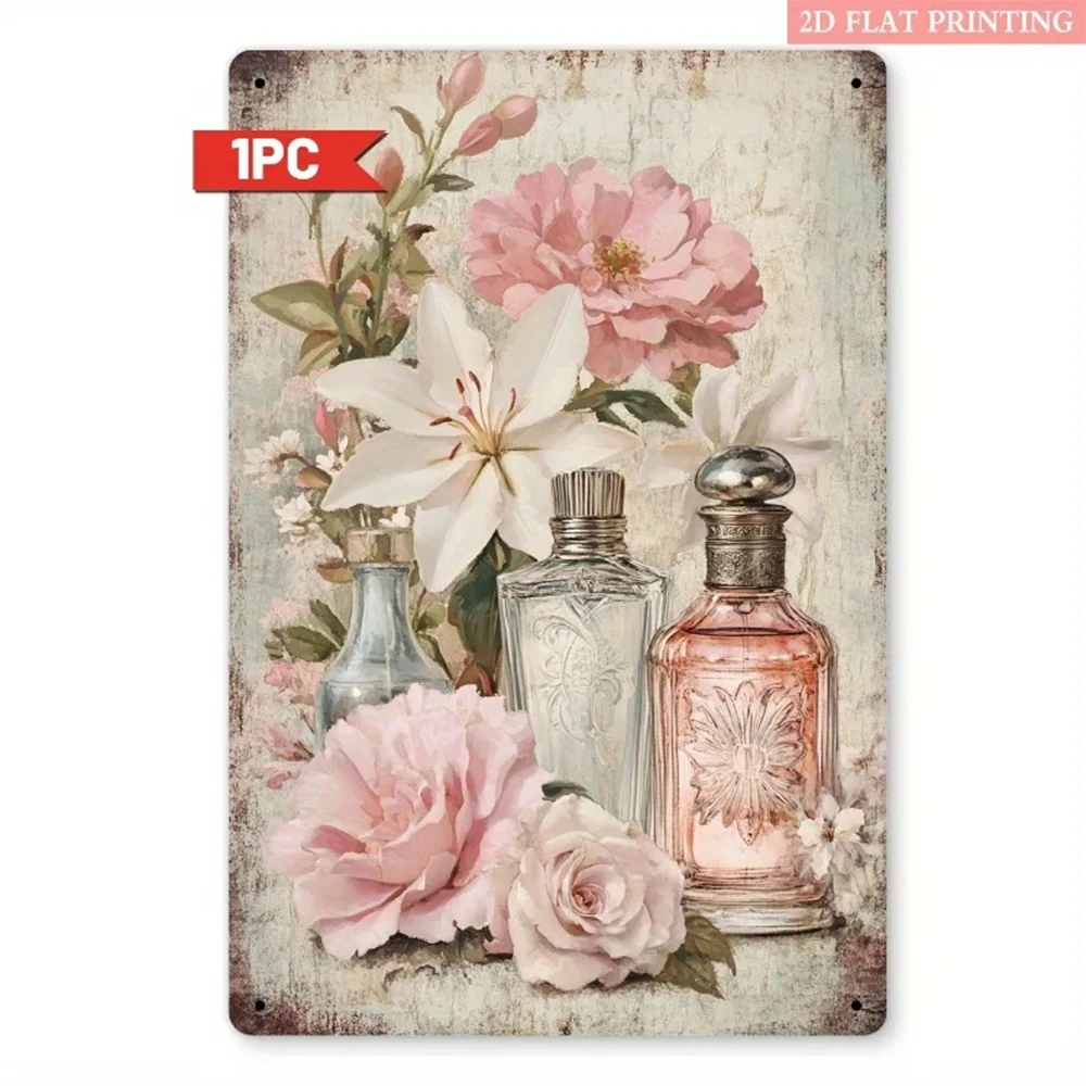 Vintage Perfume Bottle Rose Metal Sign Iron-Made 8x12inch Vintage Wall Decoration Sign Tin Plate Bathroom Bedroom Living Room