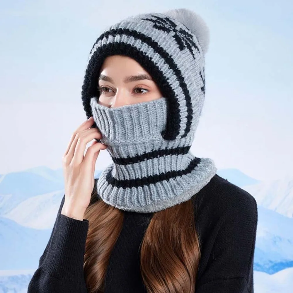 Fleece Lining Knitted Balaclava Hat Ear Protection Thick Warm Winter Beanie Mask Full Cover Snowflake Jacquard