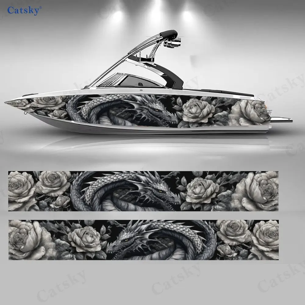 

2 шт. черных наклеек с изображением дракона и цветов для лодки, водонепроницаемые виниловые наклейки из ПВХ для рыболовных судов, прочные и стильные.