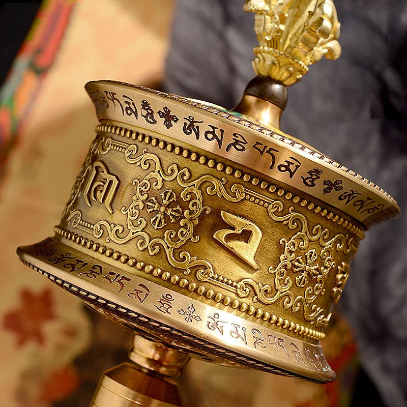Tibetan Hand Crank Prayer Wheel 50000 Six Syllables Copper Painted Buddhist Decor