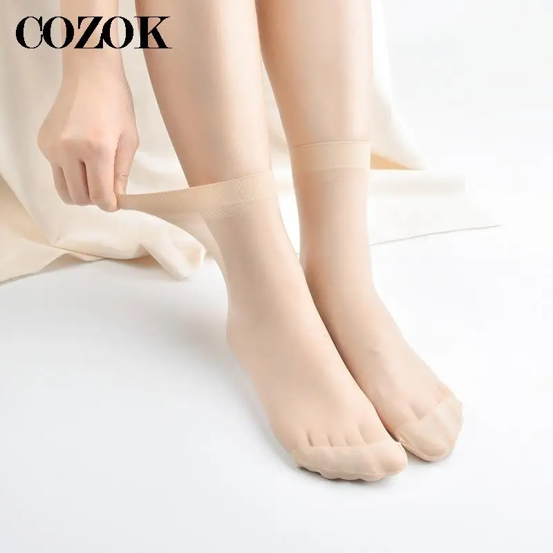 5Pairs Summer Cool Female Short Socks Women Thin Crystal Transparent Girl Ankle Silk Smooth Skin Color High Elastic Autumn Socks