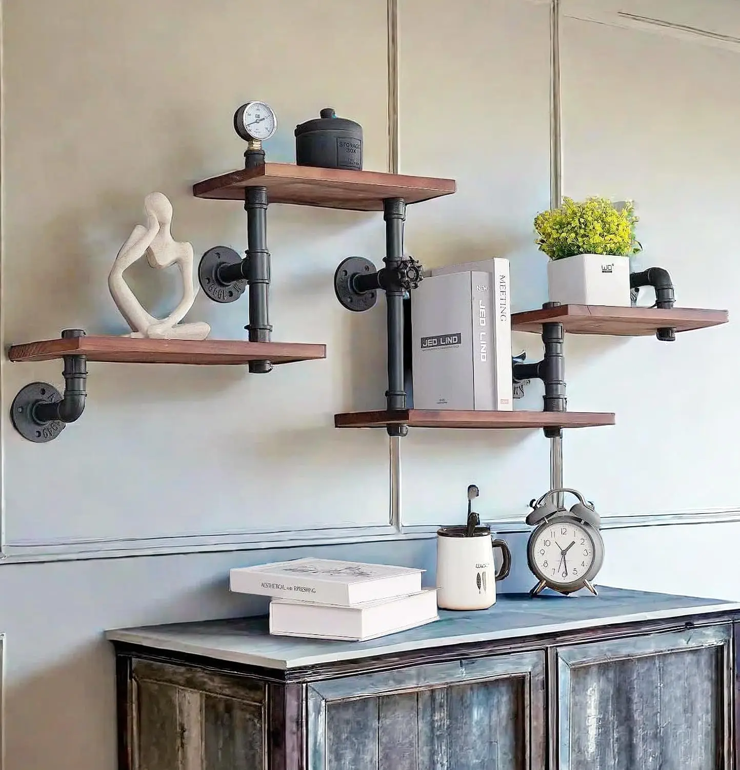 

Industrial Rustic Modern Solid Wood Ladder Pipe Wall Mounted Floating Shelves – 4 Tiers Bookshelf,DIY Storage Shelving