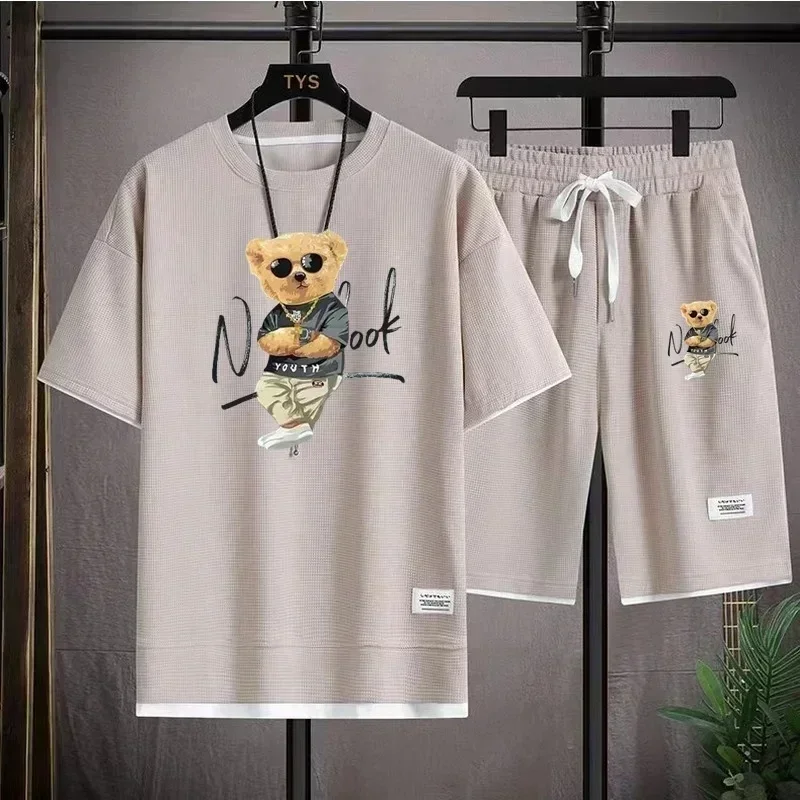 

2025 Summer Men's trendy and fashionable high-end Waffle suits, casual T-shirt and shorts sets, men's sportswear sets, solid-col