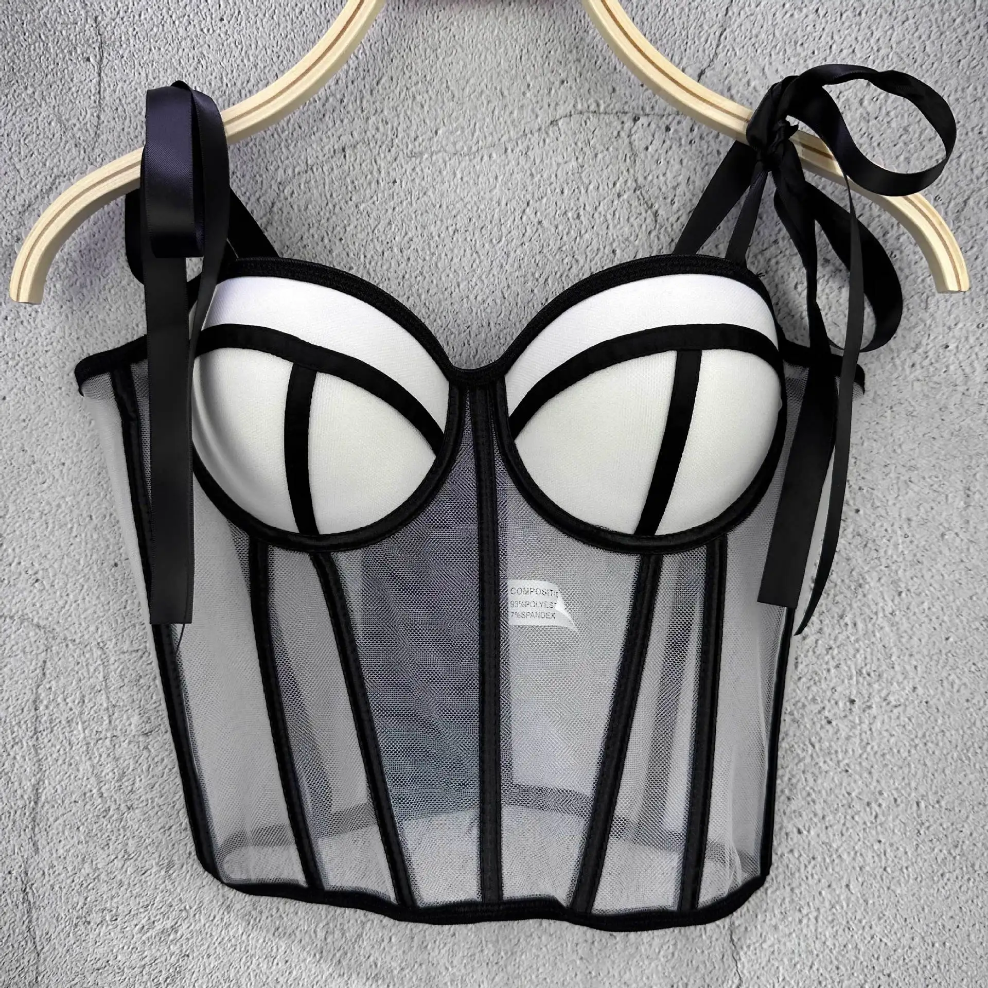Mesh Transparent Contrasting Lines Women Bustie Sexy Bow Ribbon Ladies Corset Multi Colors Party Blackless Cropped Top Tank Top view 4