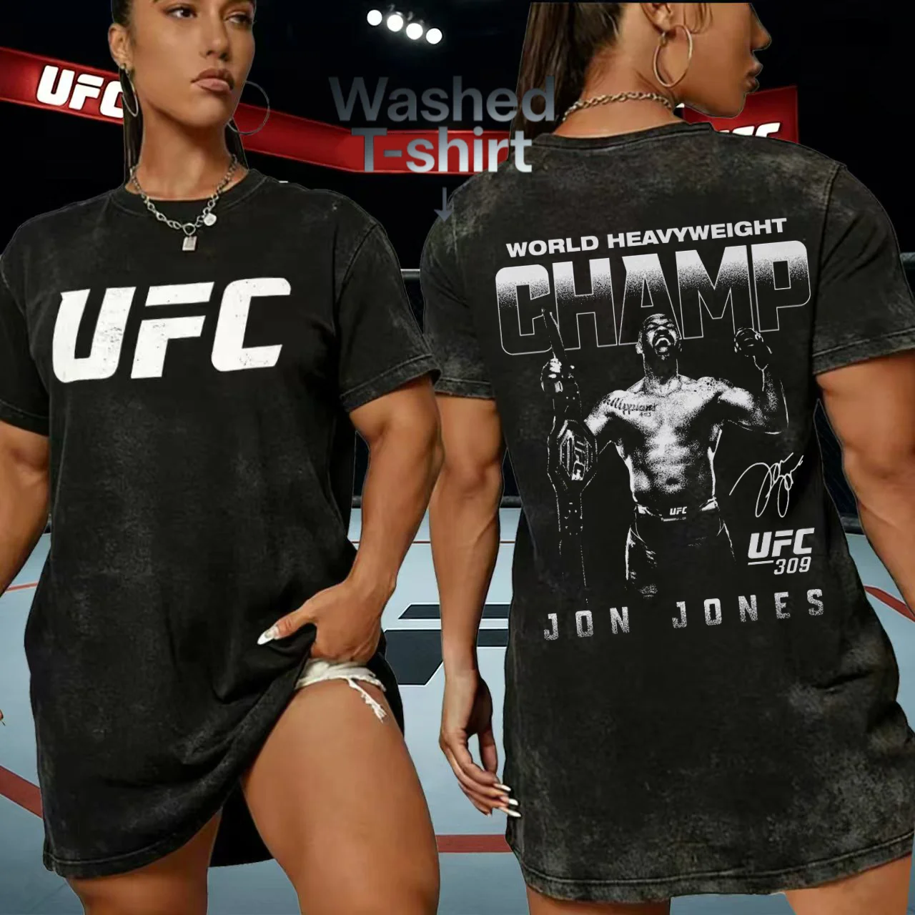 2026 Verano Hombres 500 Nivel Negro Jon Jones UFC 309 Campeón Pesado del Mundo Gráfico Lavado Estampado Mujer Camiseta Unisex