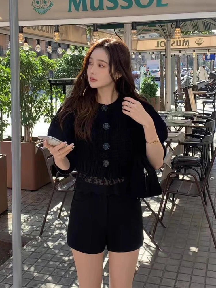 Cárdigan abierto de punto corto suave para mujer, Top con manga de burbuja, Top Retro con un solo botón, versión coreana, vie...