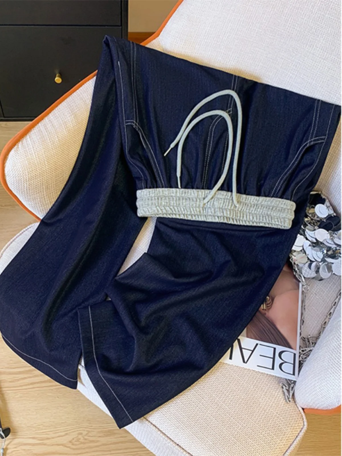 Retro Hong Kong Sle Gamba dritta Lyocell Denim Jeans Estate da donna Sottile elastico in vita Dstring Casual Pantaloni a gamba larga stretta