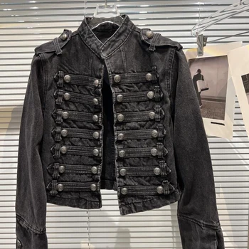 Punk Style Black Stand Up Collar Denim Jackets Vintage Washed Motor Coat For Women 2025 Autumn New Loose Long Sleeve Outerwear 3