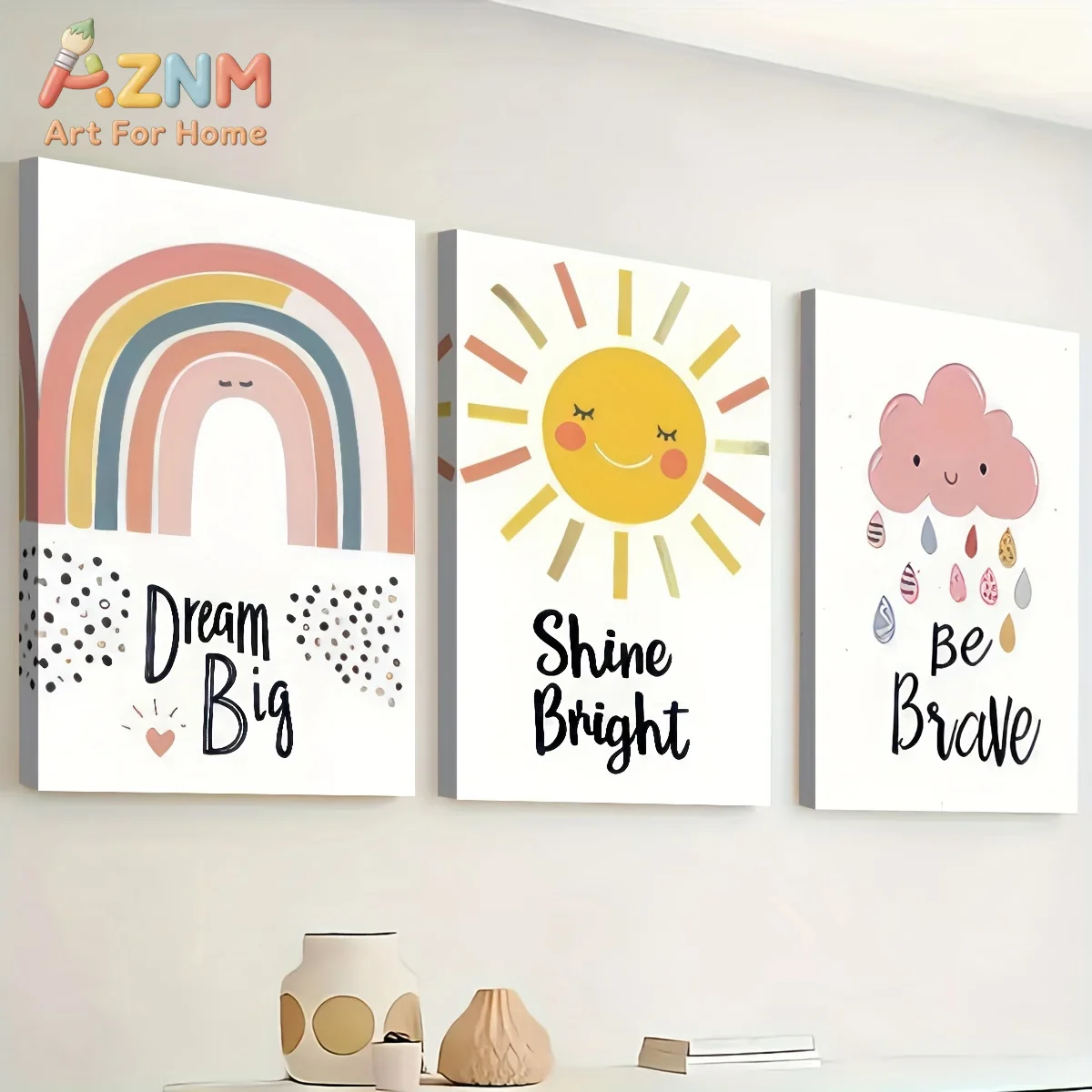 AZNM Inspirational Canvas Wall Art Rainbow Sun Cloud Positive Quote Frameless Canvas Painting Nursery Kids Room Home Decor Poste