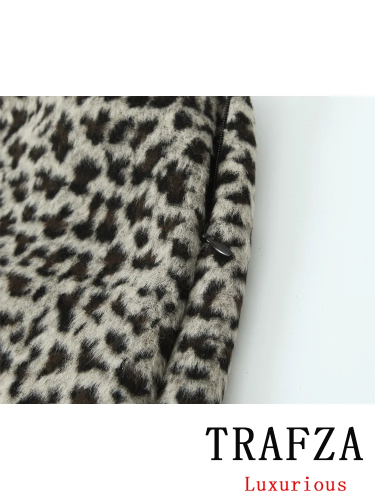 TRAFZA Vintage Casual Chic Leopard Women Suit ONeck Single Breasted Coat Mini Straight Skirt New Fashion 2024 Autumn Winter Suit