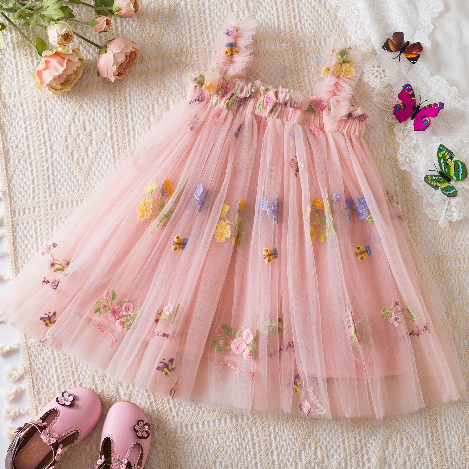 Baby Girls Gradient Rainbow Tulle Sling Dress 3D Butterfly Mesh Vestido Kid Wedding Birthday Party Princess Dresses 1-5Y Infant