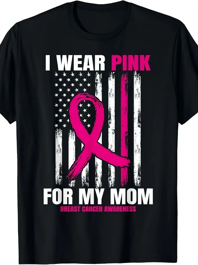 I Wear Pink For My Mom Breast Cancer Awareness American Flag T-Shirt Unisex Short Sleeve Tee, Birthday Gift, All Season 220G