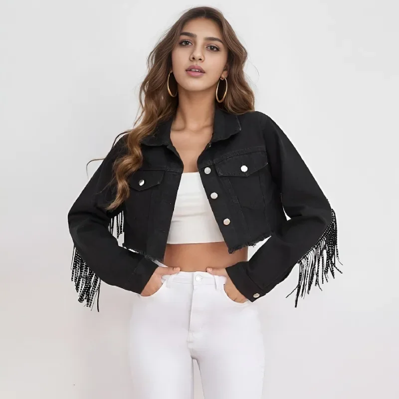 Streetwear Women Cowboy Coats Jackets Fashionable Minimalist Nail Bead Tassel Distressed Short Jacket Rough Edges Women Clothing