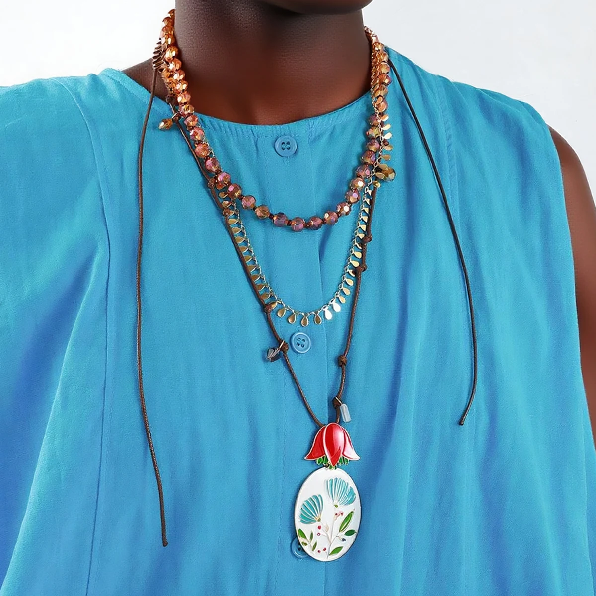 

ZAA Boho Style Handmade Beaded Multi-layer Alloy Drop Oil Painting Flower Geometric Pendant Necklace for Women Statement Jewelry