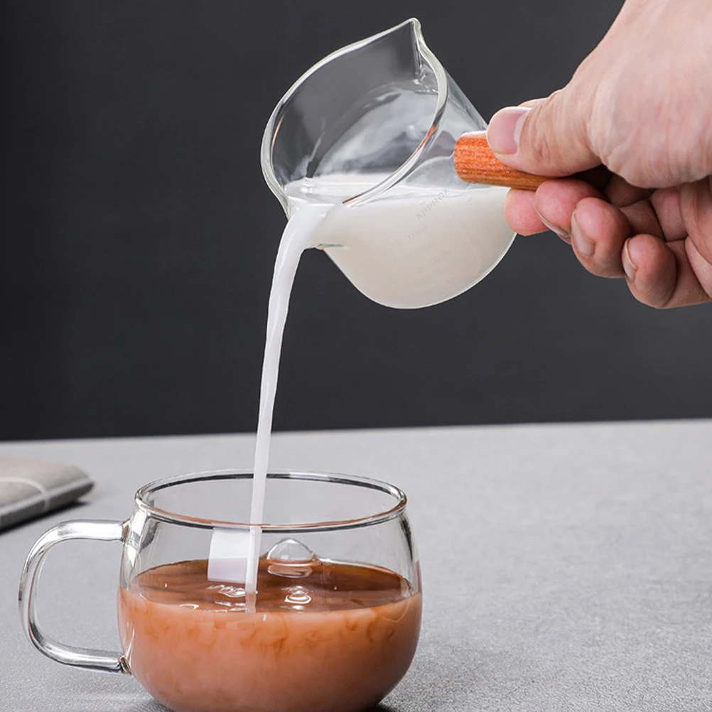 2 قطعة مقبض الخشب جرة الحليب الزجاجية 75 مللي صنبور مزدوج قياس كوب لصنع قهوة اسبريسو صب أكواب المطبخ بار أداة #5