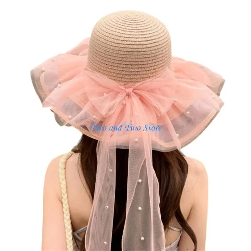 HX6F Lovely Double Layer Sun Hat with Lace Ruffle Bowknot Decors For Women Picnics 2