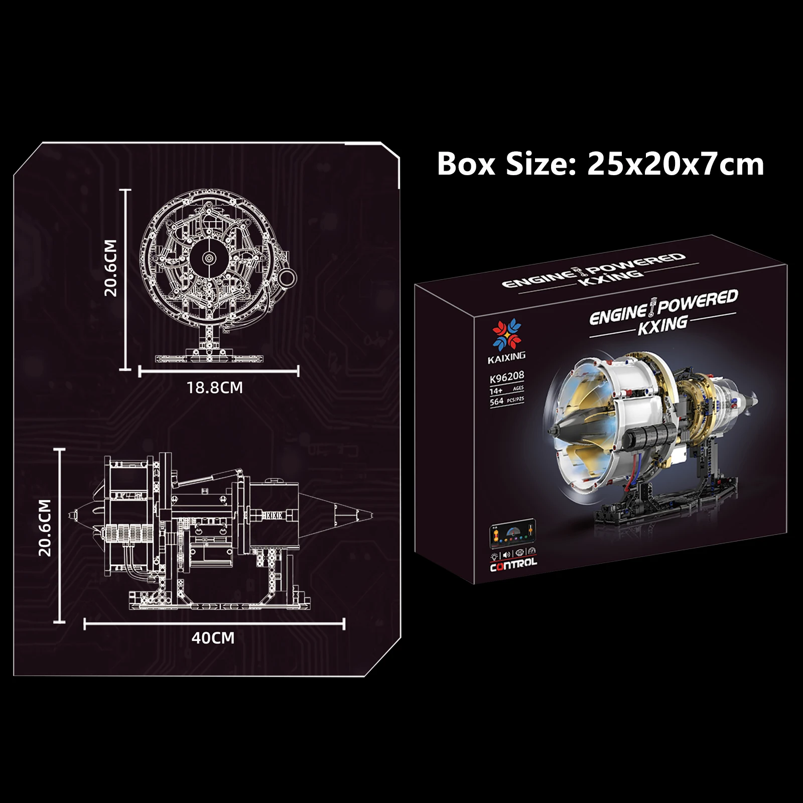 564pcs Aircraft Turbofan Engine Building Blocks with APP-Controlled Light, Programmable Model Kit