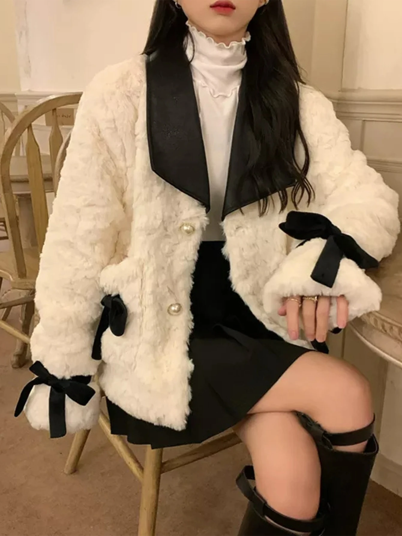 

Women's Winter Fashion Plush Jacket Chic Shirt Collar Long Sleeve Comfortable Street Daily Coat with Bowknot Style