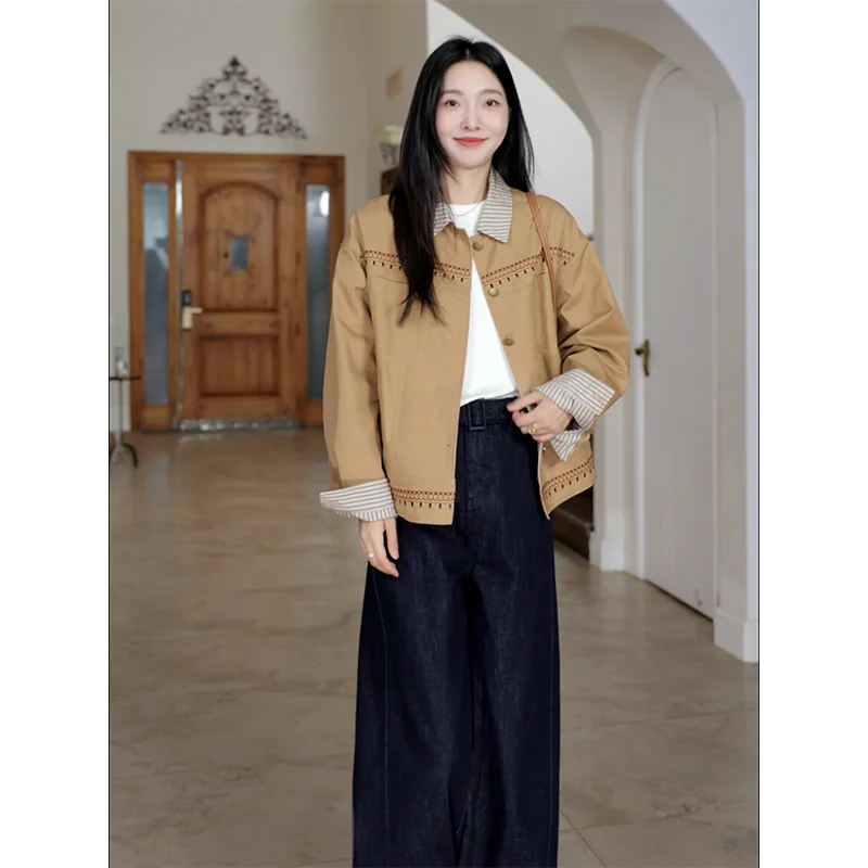 

Цветная джинсовая куртка из чистого хлопка с вышивкой, осенний универсальный комплект широких джинсов, повседневный женский ансамбль Faion