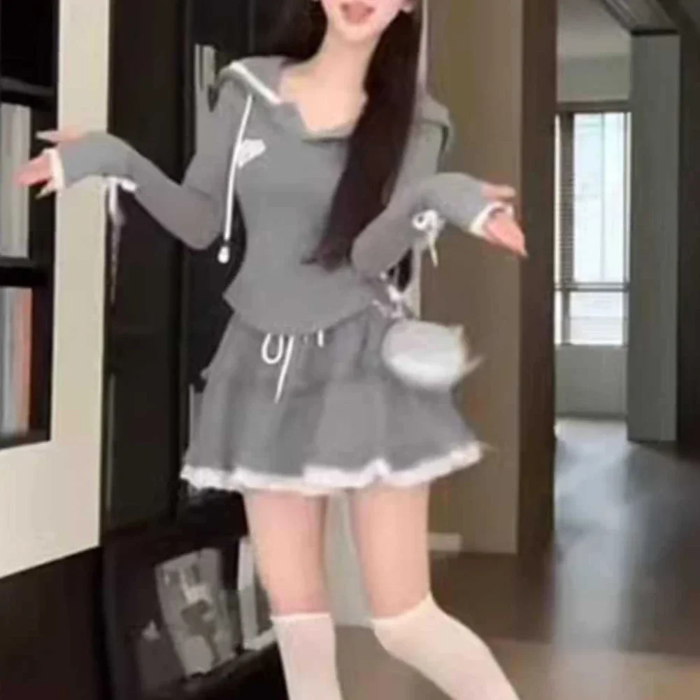 

Commuting Outfit Hooded Top Skirt No Collar Neckline Slightly Elastic Fabric Suitable For Spring Autumn Winter
