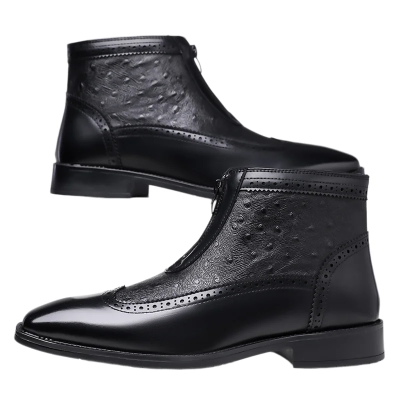 Luxury Brand Men's Comfortable Side Zipper Chelsea Boots Fashionable New Men's Carved Pointed Business Casual Leather Boots