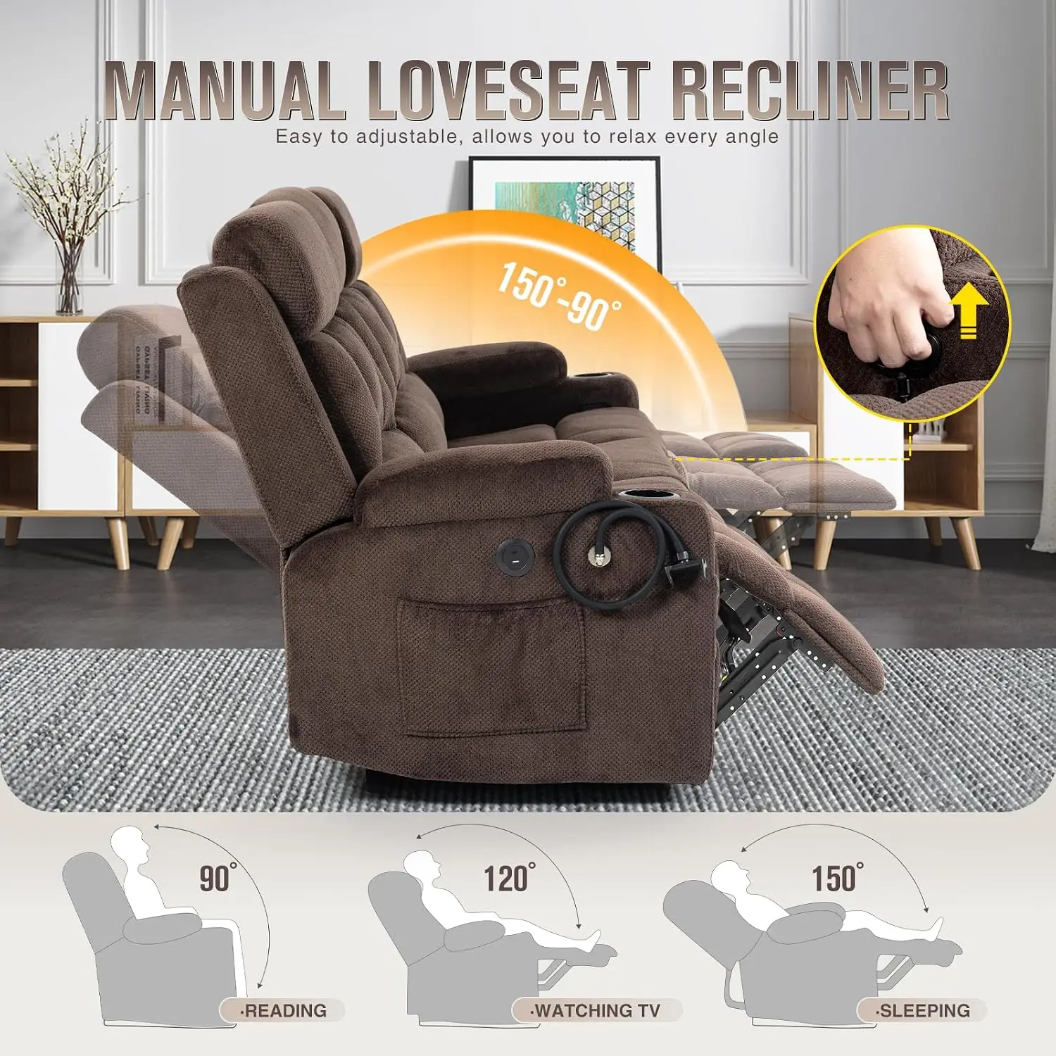 Loveseat Recliner with Flip-Down Backrest, Storage Drawer, Manual Recline, USB Ports, Cup Holders & Phone Holders , Customized
