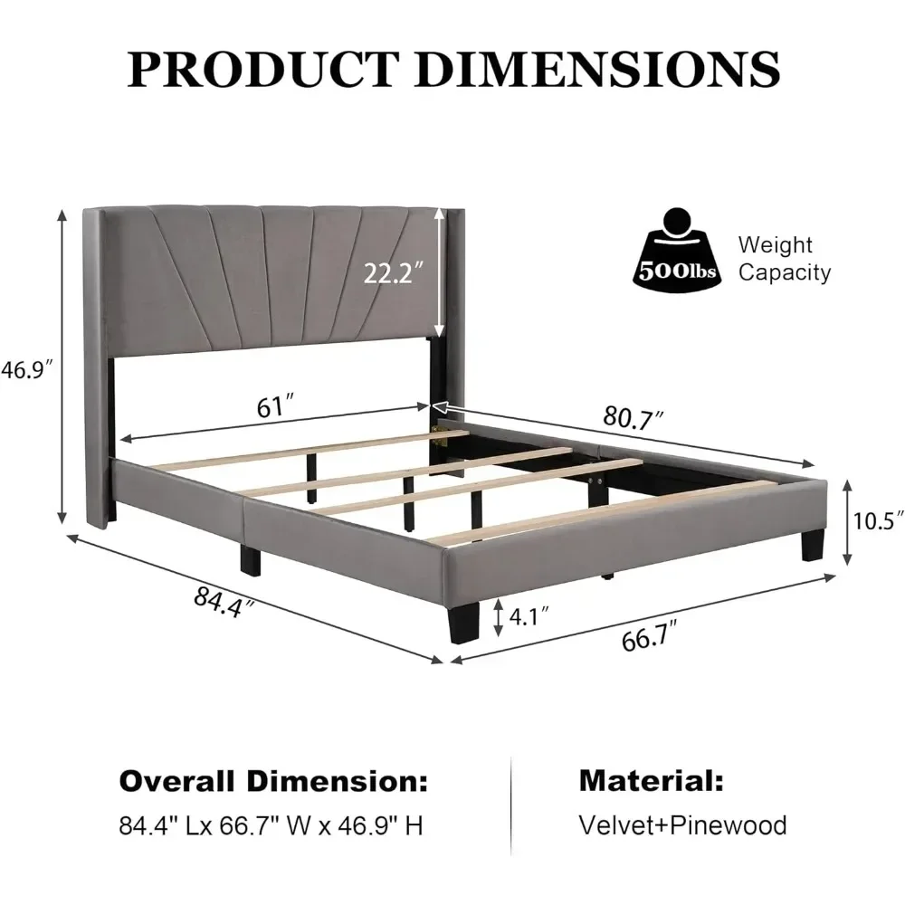 Cama estofada de veludo com cabeceira e ripas de madeira fortes, montagem sem ruído, fácil, capacidade de peso forte