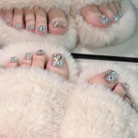 24pcs Colorful Sparkling Diamond False Toe Nails With Design Acrylic Nail Kits Rhinestones Fake ToeNails Press On Feet Nail Tips