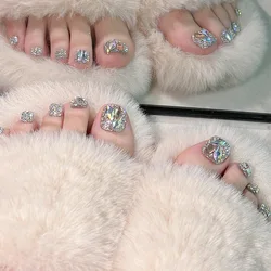 24pcs Colorful Sparkling Diamond False Toe Nails With Design Acrylic Nail Kits Rhinestones Fake ToeNails Press On Feet Nail Tips