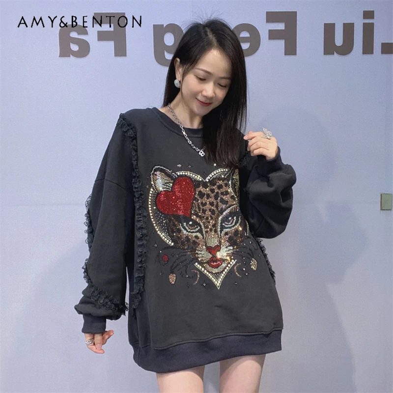 

Y2k Sweet Hoodies Crew Neck Terry Cotton Sweatshirt Ladies Loose Fit Lace Patchwork Pullover Rhinestones Long Sleeves Top Autumn