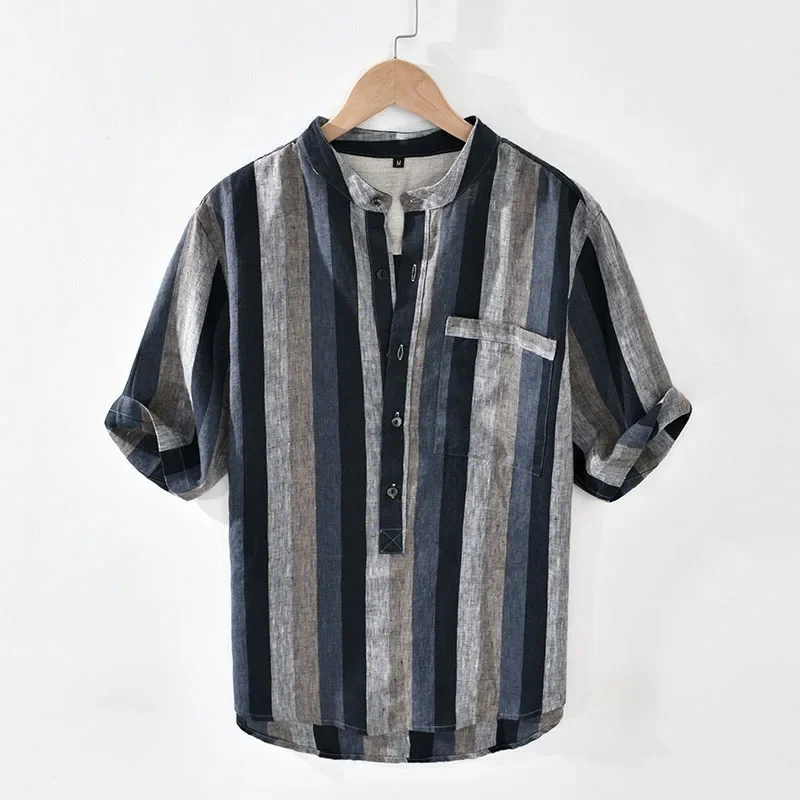 Men's Summer Retro Linen Five-quarter-sleeved Japanese Style Color-blocking Linen Striped Loose Stand-collar Short-sleeved Shirt