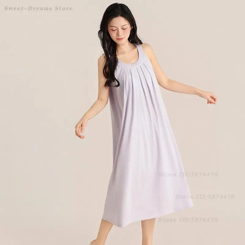 Summer High End Nightgown Modal Cotton Sleeveless Nightdress Intimate Lingerie Sexy Chemise Sleepwear Long Suspender Home Wear - view 6