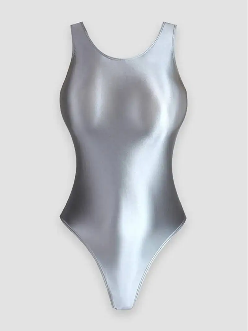 Glänzender, einfarbiger, eng anliegender, seidiger, glänzender, hoch geschnittener Gymnastik-Einteiler-Badeanzug für Damen, Strampler, rückenfreie Body-Anzüge P9RQ