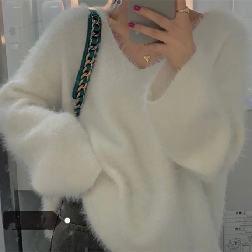 

2025 New Korean Style Soft Fluffy Mink V-Neck Pullover Sweater Women's Autumn Winter Loose Outerwear Commute Style Medium Thi...