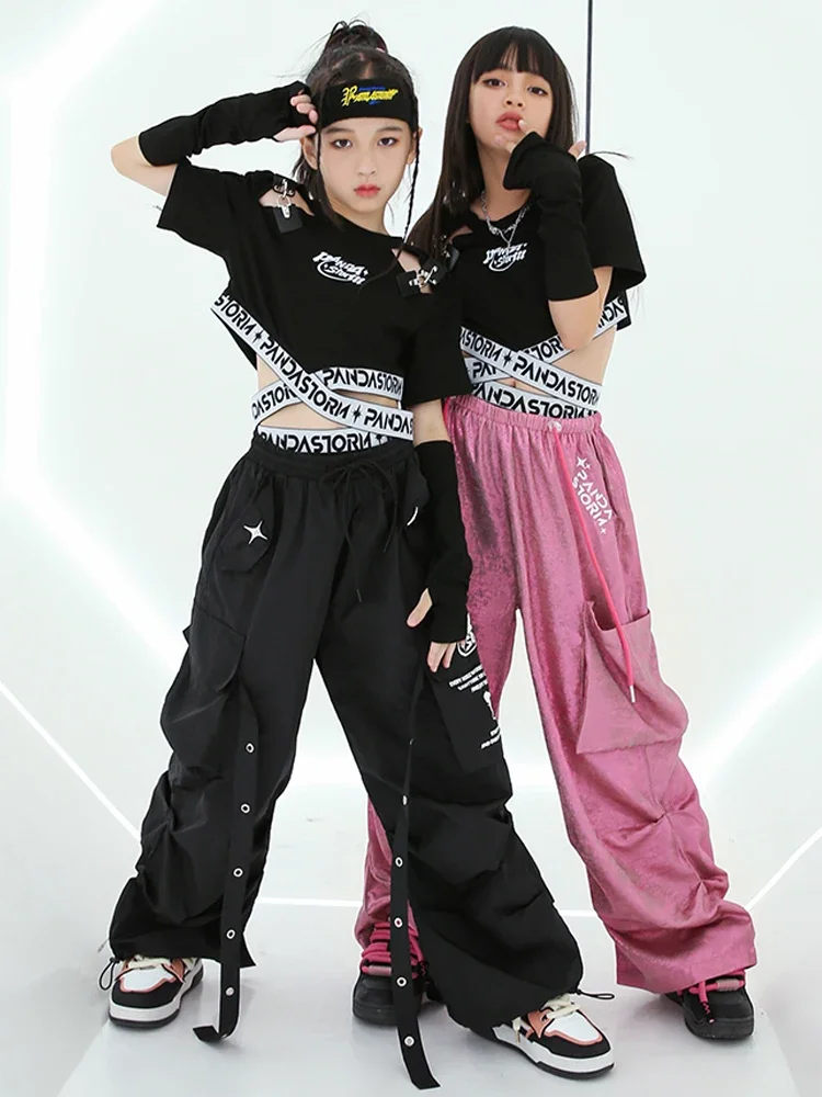 モダンなダンス衣装、ヒップホップパフォーマンス服、kpopジャズダンスコスチューム、ガールズブラッククロップトップ、ファッションパンツ