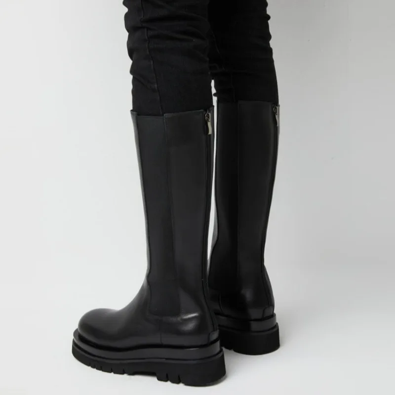 Black Genuine Leather Knee High Chelsea Boots Elastic Side Panels Chunky Lug Platform Sole Men Fashion Tall Boots