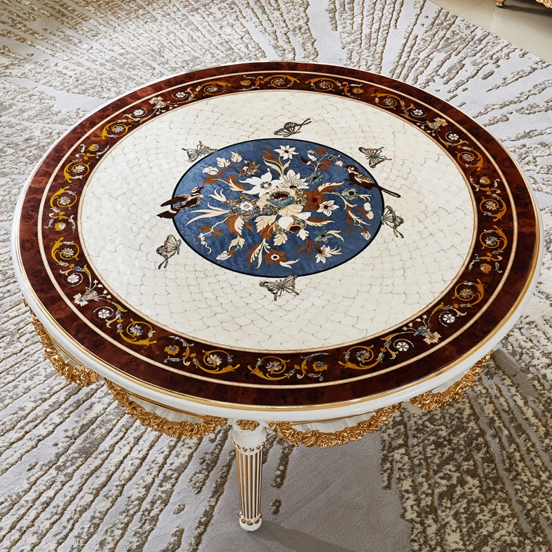 Classical Round Coffee Table for Living Room Furniture Set Luxury Elegant Solid Wood Center Table