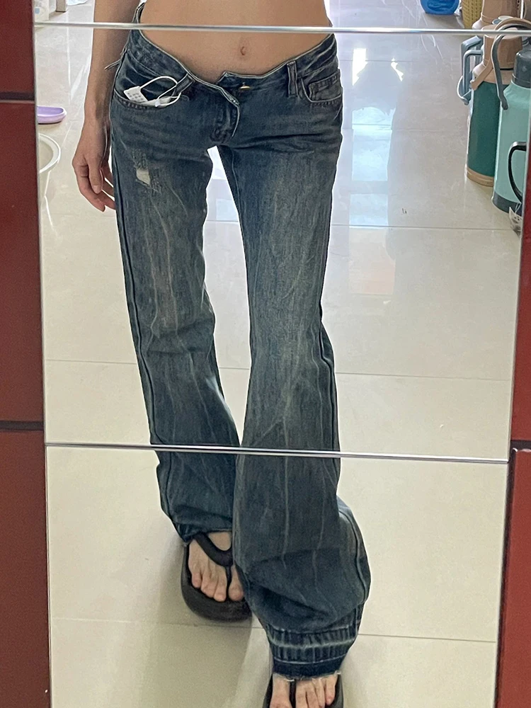 

American Retro High Waist Extended Frayed Micro Flared Jeans Women's Low Waist Slimming Washed Long Pants Spring Autumn