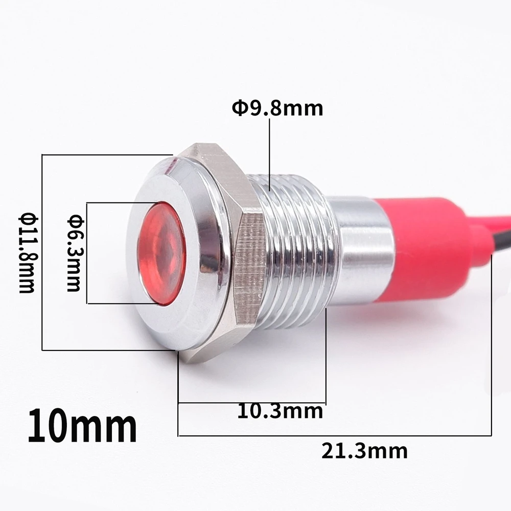 10mm Metal Indicator Light LED Waterproof Signal Lamp 3V 6V 12V 24V 110V 220V With Wire Red Orange Blue Green White Metal button